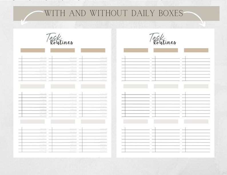 May include: Two printable task and routine lists, one with daily boxes and one without. Both lists have the title "Task Routines" written in cursive.