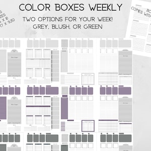 Könnte beinhalten: Druckbarer Wochenplaner mit Farbfeldern in Grau, Blush oder Grün. Der Planer hat zwei Größen: groß (8,5 x 11 Zoll) und klassisch (7 x 9,25 Zoll). Er wird mit einer zusätzlichen Listen-Seite geliefert.
