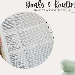 May include: A close-up of a habit tracker and notes bundle. The image shows a circular page with a grid of dots and lines. The page is labelled "Goals & Routines" and "Habit Tracker & Notes Bundle". The page is filled with handwritten tasks and checkmarks.