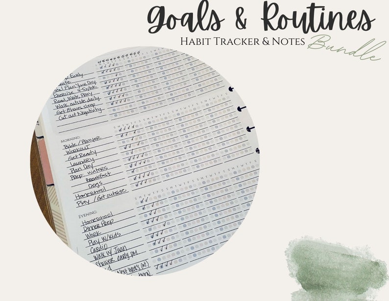 May include: A close-up of a habit tracker and notes bundle. The image shows a circular page with a grid of dots and lines. The page is labelled "Goals & Routines" and "Habit Tracker & Notes Bundle". The page is filled with handwritten tasks and checkmarks.
