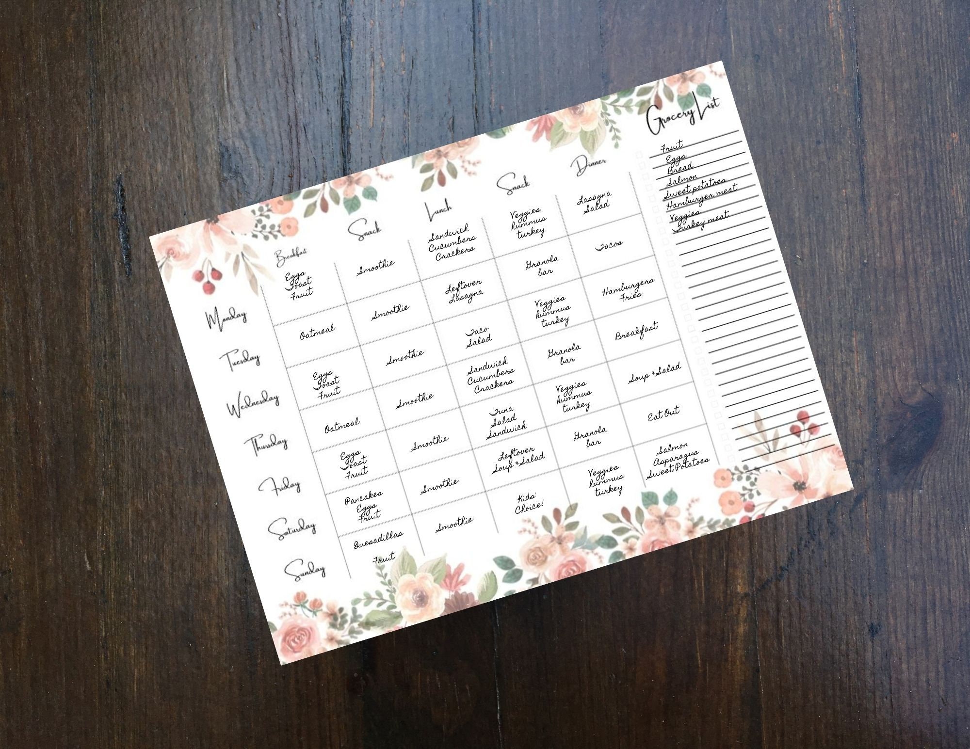 Weekly Meal Plan With Fall Florals - Etsy