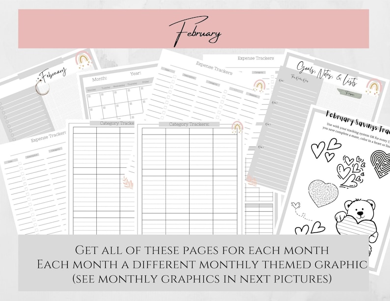 All the pages you will get for each month. This is February's theme!