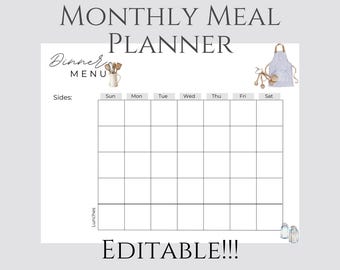 May include: A printable monthly meal planner with a grey background and black text. The planner has a section for "Dinner Menu", "Sides", and "Lunches". The days of the week are listed across the top: Sunday, Monday, Tuesday, Wednesday, Thursday, Friday, and Saturday. The planner is editable.