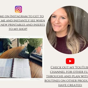 May include: A woman sits at a table with a planner open, a plant, and a book. The text on the image reads "JOIN ME ON INSTAGRAM TO GET TO KNOW ME AND INSTANTLY SEE WHEN I POST NEW PRINTABLES AND INSERTS TO MY SHOP!" and "CHECK OUT MY YOUTUBE CHANNEL FOR OTHER FLIP THROUGHS AND PLAN WITH ME ROUTINES ON OTHER PRODUCTS I HAVE CREATED:"