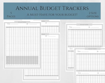 May include: Five printable pages of budget tracker templates. Each page has a title, "Annual Tracker", and a grid with columns for each month of the year. The title includes the text "A Must-Have for Your Budget!" and "2 Size Options".