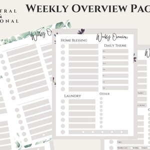 May include: Printable weekly overview pages with a neutral and seasonal theme. The pages feature a floral design with a light gray background and black text. The pages are titled "Weekly Overview" and include sections for "Home Blessing", "Laundry", and "Other".