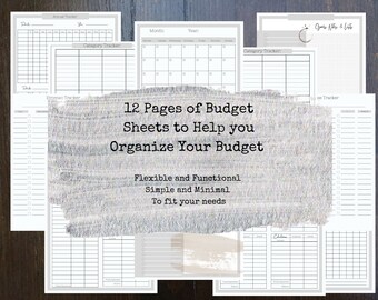 May include: A set of 12 printable budget sheets in black and white. The sheets include a monthly calendar, category tracker, expense tracker, and a notes and lists page. The text "12 Pages of Budget Sheets to Help you Organize Your Budget" is in the centre of the image.