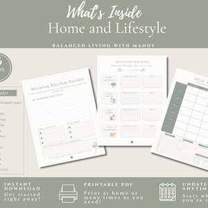 Puede incluir: Un conjunto de planificadores digitales para el hogar y estilo de vida con 46 p&aacute;ginas, incluyendo un Morning Rhythm Builder, Declutter Challenge y Meal Planner. Los documentos PDF imprimibles est&aacute;n en formato U.S. Letter de 8.5x11 pulgadas, ofreciendo varias plantillas para planificaci&oacute;n diaria, semanal y mensual.