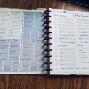 May include: A weekly planner with a floral design and a checklist for home tasks. The planner includes sections for "Home Blessing", "Laundry", and "Other". The "Other" section includes tasks such as "Homeschool", "Etsy", "Home Care", "Projects", "Meal Plan", "YouTube", and "Intentionals".