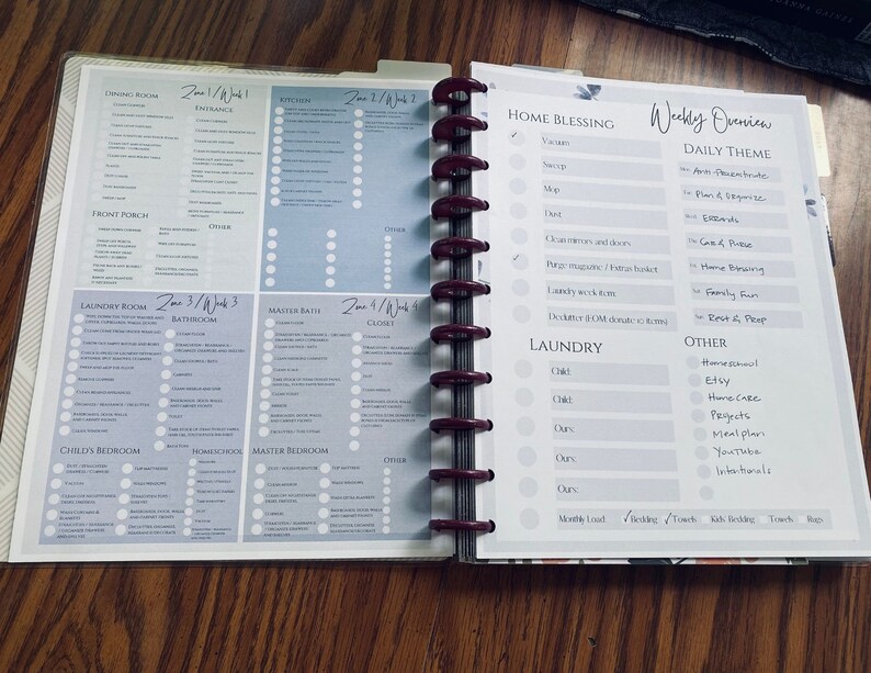 May include: A weekly planner with a floral design and a checklist for home tasks. The planner includes sections for "Home Blessing", "Laundry", and "Other". The "Other" section includes tasks such as "Homeschool", "Etsy", "Home Care", "Projects", "Meal Plan", "YouTube", and "Intentionals".