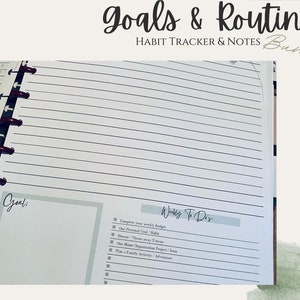 May include: A close-up of a page in a planner with the heading "Goals & Routines" and the subheading "Habit Tracker & Notes Bundle". The page has a section for "Goal" and a section for "Weekly To Do's" with a list of tasks.