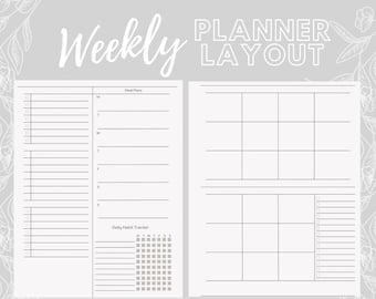 May include: A weekly planner layout with a pale grey background and floral patterns. The left page includes a checklist and meal plan section, while the right page has a calendar grid. The words "Weekly" and "Planner Layout" are written in white.