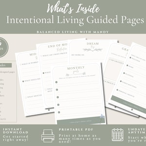 Puede incluir: Un conjunto de p&aacute;ginas de planificador blancas tituladas What's Inside Intentional Living Guided Pages de Balanced Living with Mandy. Las p&aacute;ginas incluyen secciones para objetivos mensuales, reflexi&oacute;n de fin de mes y gratitud con acentos en verde salvia.