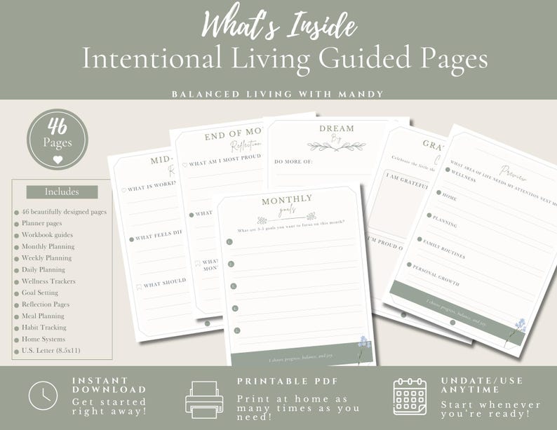 Puede incluir: Un conjunto de p&aacute;ginas de planificador blancas tituladas What's Inside Intentional Living Guided Pages de Balanced Living with Mandy. Las p&aacute;ginas incluyen secciones para objetivos mensuales, reflexi&oacute;n de fin de mes y gratitud con acentos en verde salvia.