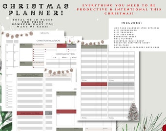 May include: A printable Christmas planner in a grey and white colour scheme. The planner includes a calendar, gift tracker, budgeting sheet, meal planner, Christmas movie sheet, tradition activities sheet, notes page, and a daily/weekly/category note page. The planner is decorated with pine cones and Christmas trees.