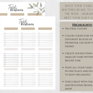 May include: Printable planner page with the title "Task Routines" and a list of highlights for using the planner. The highlights include neutral colors, color-coded blocks for different parts of the day, creating sub-routines for smaller tasks, and keeping all tasks and habits in one place.