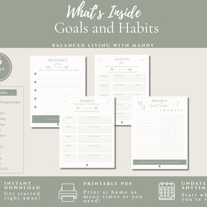 Puede incluir: Un conjunto de planificador digital titulado What's Inside Goals and Habits de Balanced Living with Mandy. Incluye 46 p&aacute;ginas de plantillas PDF imprimibles para objetivos mensuales, planes de acci&oacute;n, h&aacute;bitos y seguimiento semanal en verde salvia.