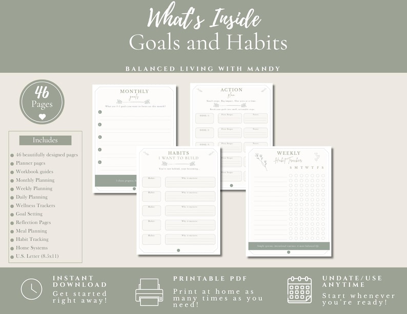 Puede incluir: Un conjunto de planificador digital titulado What's Inside Goals and Habits de Balanced Living with Mandy. Incluye 46 p&aacute;ginas de plantillas PDF imprimibles para objetivos mensuales, planes de acci&oacute;n, h&aacute;bitos y seguimiento semanal en verde salvia.