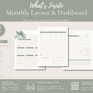 Puede incluir: Un conjunto de planificador digital con tres p&aacute;ginas que muestran un dise&ntilde;o mensual y un panel, decorado con ilustraciones de eucalipto. El texto incluye "What's Inside Monthly Layout & Dashboard", "46 Pages" y "Balanced Living with Mandy".