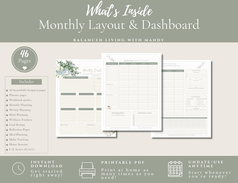 Puede incluir: Un conjunto de planificador digital con tres p&aacute;ginas que muestran un dise&ntilde;o mensual y un panel, decorado con ilustraciones de eucalipto. El texto incluye "What's Inside Monthly Layout & Dashboard", "46 Pages" y "Balanced Living with Mandy".