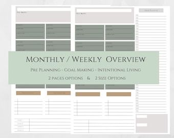 May include: A printable planner with a green and brown colour scheme. The planner is divided into sections for monthly and weekly planning. The text "MONTHLY/WEEKLY OVERVIEW" is at the top of the page. The text "PRE PLANNING - GOAL MAKING - INTENTIONAL LIVING" is below the title. The text "2 PAGES OPTIONS & 2 SIZE OPTIONS" is below the second line of text.