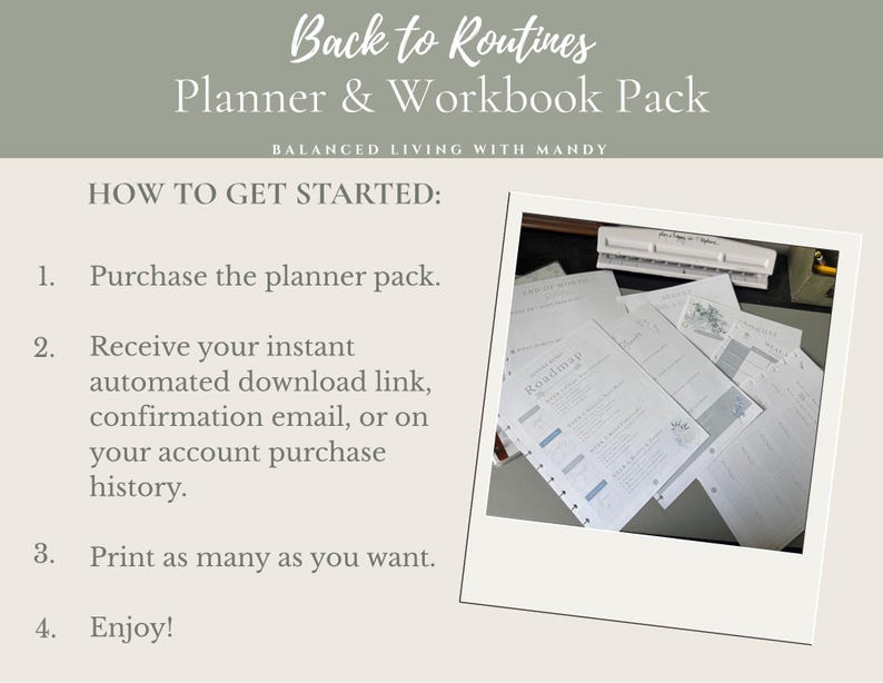 Puede incluir: Un paquete de planificador y libro de ejercicios titulado Back to Routines Planner & Workbook Pack de Balanced Living with Mandy. La imagen muestra una lista de cuatro pasos para comenzar y una fotograf&iacute;a de p&aacute;ginas impresas en un escritorio.