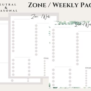 May include: Printable weekly cleaning checklist with a floral design. The checklist is divided into sections for each zone of the house and includes a section for other tasks. The text "Zone: Week:" is at the top of the page.