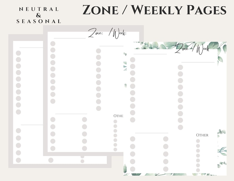 May include: Printable weekly cleaning checklist with a floral design. The checklist is divided into sections for each zone of the house and includes a section for other tasks. The text "Zone: Week:" is at the top of the page.