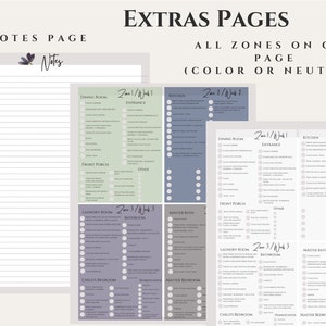 May include: A printable cleaning checklist with a floral design. The checklist is divided into four zones, each with a list of tasks to be completed. The checklist includes a notes page for additional information.