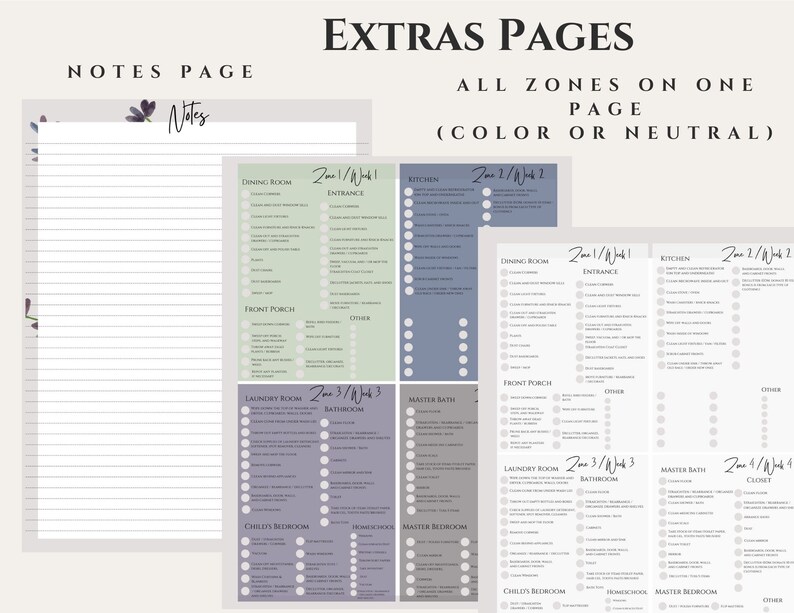 May include: A printable cleaning checklist with a floral design. The checklist is divided into four zones, each with a list of tasks to be completed. The checklist includes a notes page for additional information.