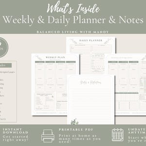Puede incluir: Un conjunto de planificadores digitales con 46 p&aacute;ginas de plantillas de planificaci&oacute;n semanal y diaria, notas y hojas de reflexi&oacute;n. Las p&aacute;ginas tienen un formato de 21,59 x 27,94 cm e incluyen secciones para objetivos, comidas y seguimiento de h&aacute;bitos.
