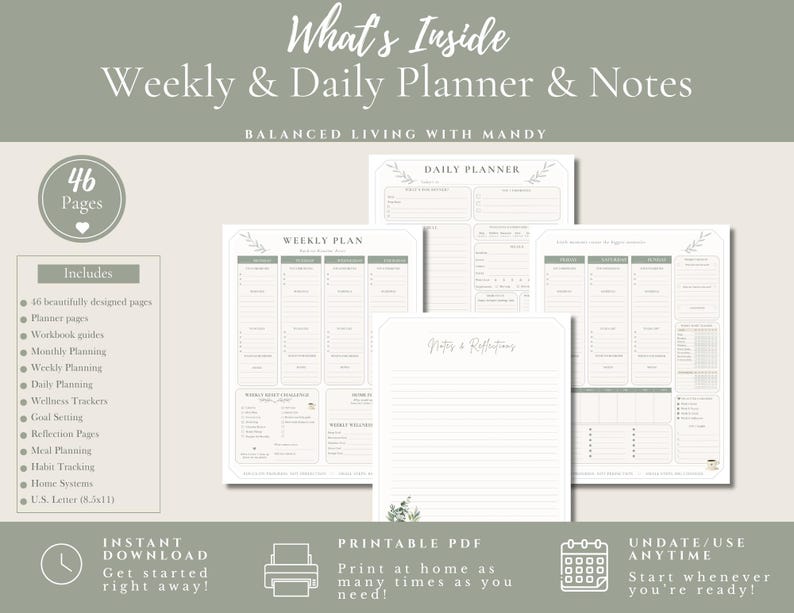 Puede incluir: Un conjunto de planificadores digitales con 46 p&aacute;ginas de plantillas de planificaci&oacute;n semanal y diaria, notas y hojas de reflexi&oacute;n. Las p&aacute;ginas tienen un formato de 21,59 x 27,94 cm e incluyen secciones para objetivos, comidas y seguimiento de h&aacute;bitos.
