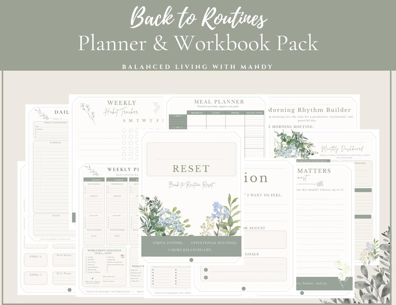 Puede incluir: Una colecci&oacute;n de p&aacute;ginas de planificador y libro de ejercicios titulada Back to Routines Planner & Workbook Pack. Las p&aacute;ginas presentan una paleta de colores neutros con acentos en verde salvia, ilustraciones florales y secciones para la planificaci&oacute;n.