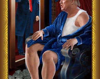 May include: A tarot card titled The Emperor featuring a figure in a blue robe and white tank top wearing a jeweled crown, sitting on a chair. A reflection shows the same figure in a suit. Piles of cash and a document titled Declaration lie below.