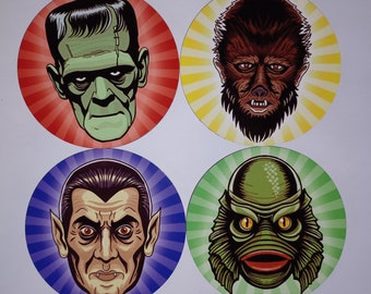 Set di sottobicchieri in legno ispirati agli Universal Monsters. Opera d'arte originale. Wolfman, Dracula, Frankenstein, La creatura della Laguna Nera.