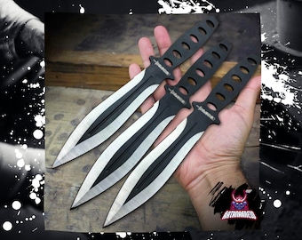3pc Throwing Knives 8" Black 440 Stainless Knife SET Ninja Kunai + Sheath