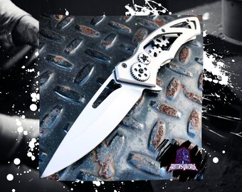 7.75" STEAMPUNK STYLE Tactical Silver Folding Camping Collectible Pocket Knife