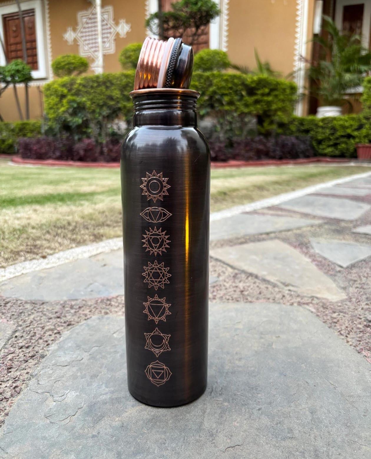 Black Copper Water Bottle, Chakra Engraved, Ayurvedic Hydration, Yoga Wellness Gift, Leakproof Cap