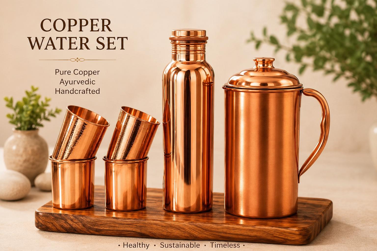 Ayurveda 100% Pure Copper Water Bottle with Glasses Ayurvedic Drinkware…