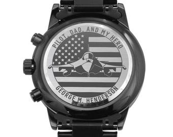 Personalisierte Paterz US Fighter Pilot Metalluhr Geschenk. Spezialanfertigung Amerikanischer Kampfjet Pilot. Herren Armbanduhr. Lasergraviertes Geschenk der Luftwaffe