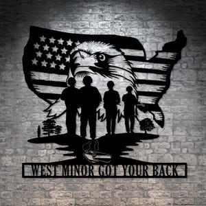 Spersonalizowany patriotyczny metalowy znak wojskowy USA. Dekoracja ścienna z metalowym znakiem orła wojskowego. Stalowy znak żołnierza USA. Prezent z monogramem amerykańskiego weterana