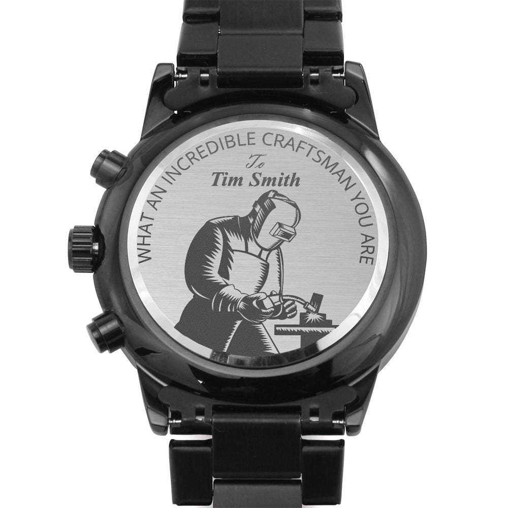 Personalized American Tig Welder Laser-Engraved Metal Watch. Custom US Iron Worker Gift. Metal Worker Watch. Metal Fabricator Birthday Gifts