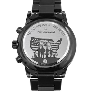 Personalized Patriotic US Eagle Military Metal Watch. Customizable Army Wristwatch. Laser-Engraved Military Gift For Him. Fathers Day Watch
