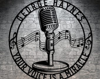 Personalized Singer Metal Sign. Custom Retro Microphone Wall Decor. Musician Entertainer Gifts. Musical Notes Wall Hanging. Vocalist Gift.