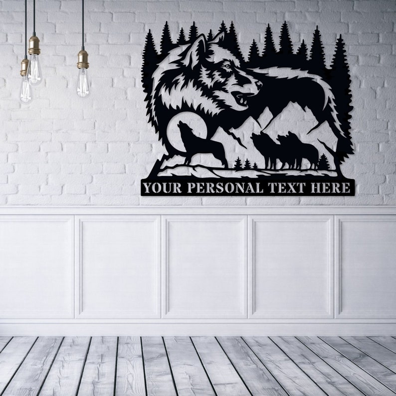Personalized Howling Wolf Name Metal Sign Gift. Custom Wolf Family Wall Decor. Cabin Wolf Name Display. Mountain Rach Portrait Wall Art Gift