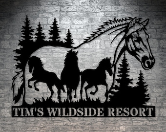Personalized Horse Silhouette Name Metal Sign Gift. Custom Nature Wildlife Wall Decor. Horse Barn Steel Sign Wall Hanging. Horse Monogram