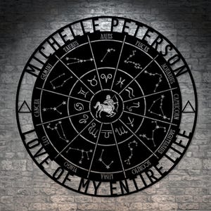 Gepersonaliseerde Boogschutter sterrenbeeld wiel naam metalen bord cadeau. Aangepaste astrologie wanddecoratie. Hemelse geschenken. Decoratieve wandhanger met sterrenbeeld