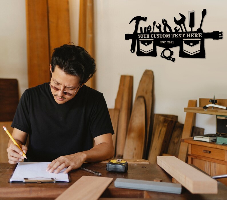 Personalized Carpenter Tool Belt Metal Sign Gift - Carpenter Steel Sign Monogram - Custom Woodworker Metal Sign Wall Decor - Gift for DIY'er