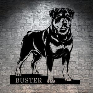 Personlig metallskylt för rottweiler. Anpassad väggdekoration för hundägare, present. Hundporträtt, trädgårdsskylt. Namnskylt för hundhus, rottweiler. Gåva för husdjursälskare.