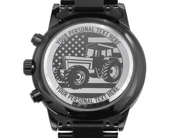 Cadeau personnalisé de montre-bracelet en métal pour tracteur américain gravée au laser. Cadeau personnalisé pour fermier patriotique. Montre-bracelet pour machinerie lourde. Bijoux de mari